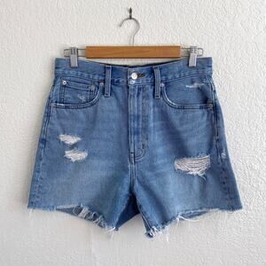 Madewell The Mom Jean Short High Waist Distressed 100% Cotton Blue‎ Denim 27